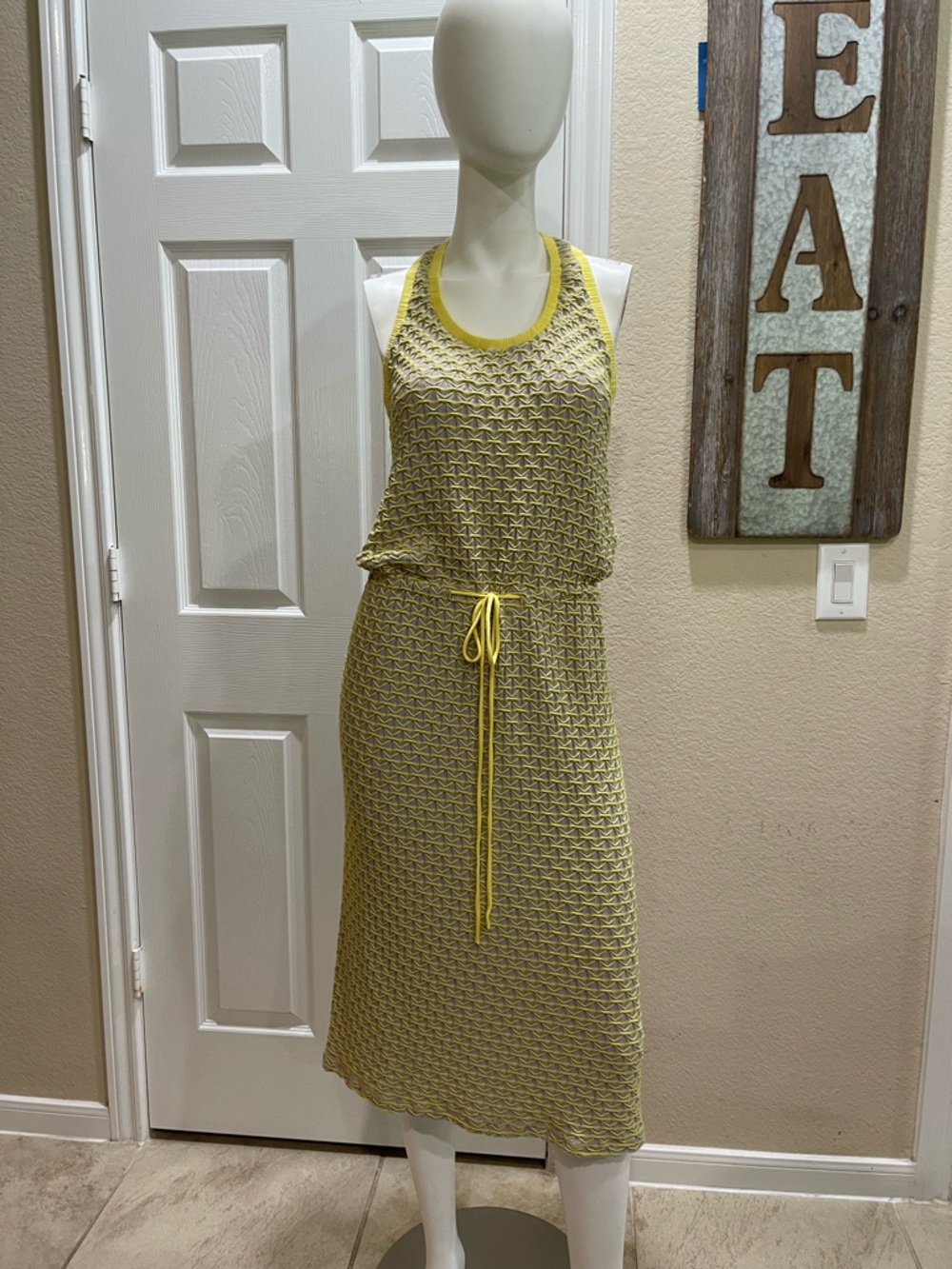 Capote Sleeveless Open-Knit Racerback Midi Gray/Yellow Drawstring Dress Size Lar - Picture 2 of 9